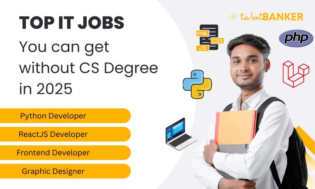Young Indian student holding notebooks, promoting top IT jobs in 2025 such as Python Developer, ReactJS Developer, Frontend Developer, and Graphic Designer without a CS degree — featured by TalentBanker with icons of programming languages like Python, HTML, CSS, JS, PHP, and Laravel.