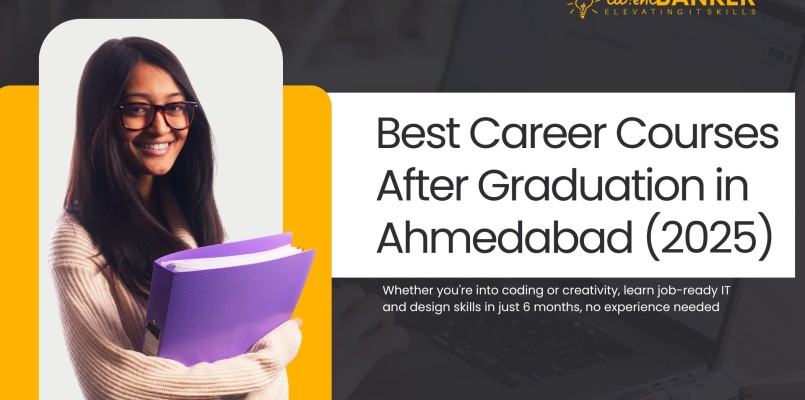 Smiling young woman holding a purple folder with text "Best Career Courses After Graduation in Ahmedabad (2025)" promoting TalentBanker's IT and design training programs.