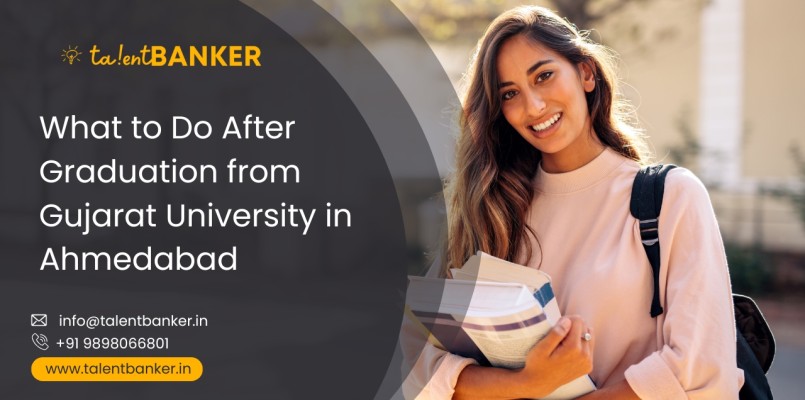 A female Gujarat University graduate smiling with books in hand on the Ahmedabad campus, representing fresh career opportunities after graduation.