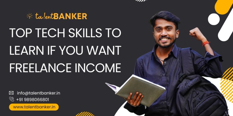 Smiling young student holding notebook and backpack, standing confidently beside the text ‘Top Tech Skills to Learn If You Want Freelance Income’ with TalentBanker branding and contact details in the background.