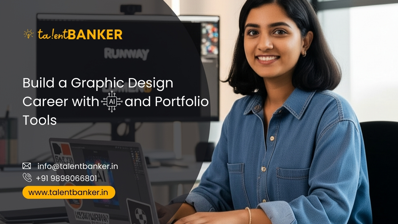 Smiling female student learning graphic design with AI tools at TalentBanker in Ahmedabad, sitting beside a computer showing portfolio software like Runway