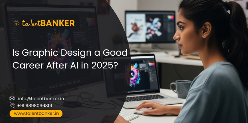 Female student in Ahmedabad learning graphic design on a computer, exploring AI tools in 2025 – TalentBanker career course promotion.