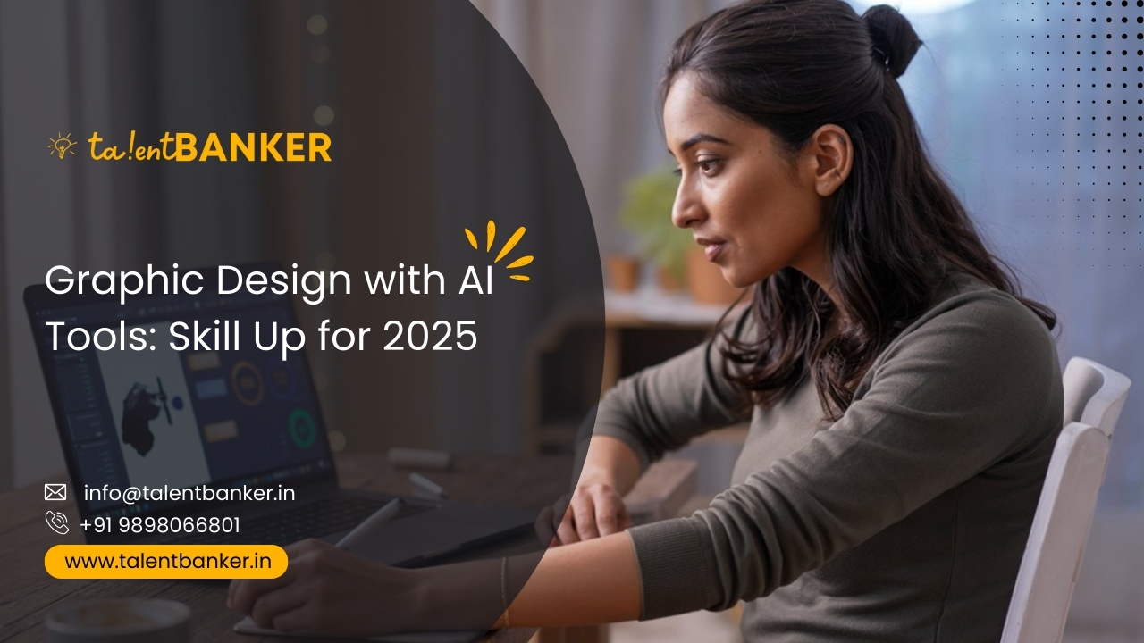 Young designer using a laptop and stylus in a workspace, feature image for “Graphic Design with AI Tools: Skill Up for 2025” (TalentBanker).