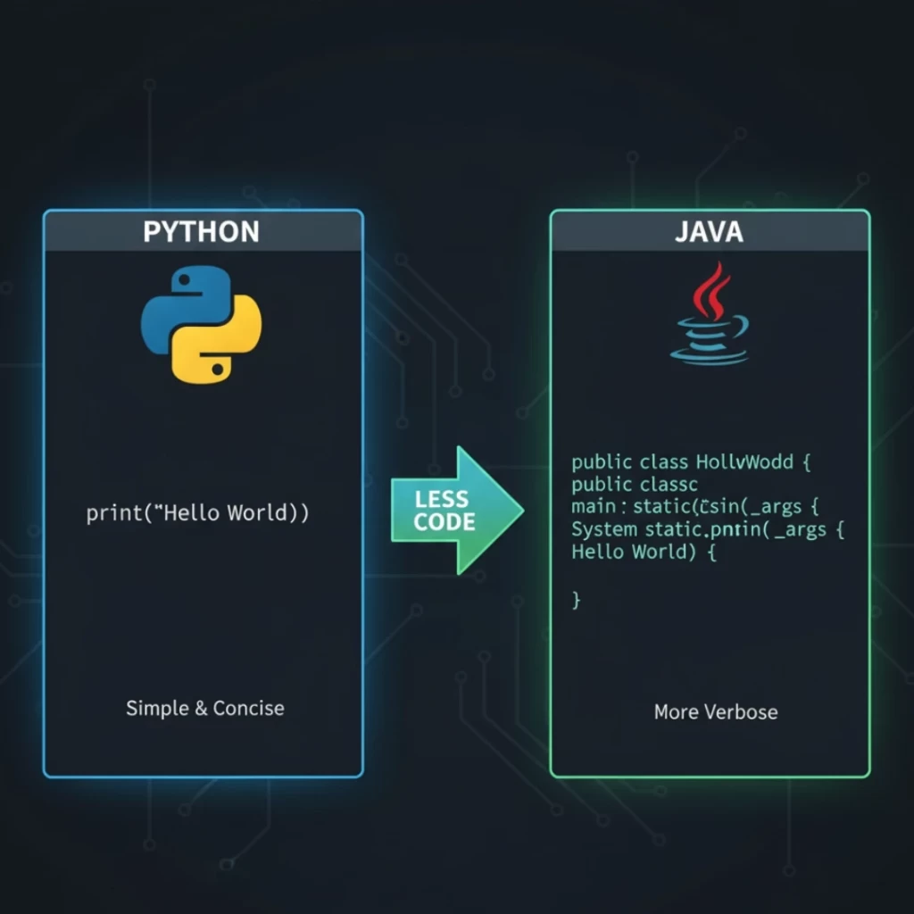 A side-by-side code snippet comparison highlighting Python's simplicity. The image shows the compact Python code, print("Hello World"), next to a more verbose Java equivalent, such as the full class structure required to print "Hello World", emphasizing how little code is needed in Python.