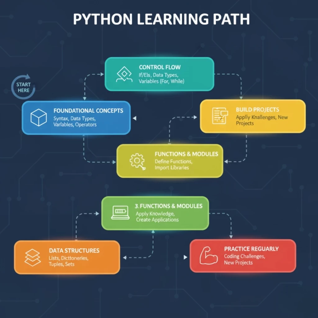 A clear, sequential diagram or roadmap infographic outlining the six core steps of a Python learning journey: 1. Foundational Concepts, 2. Control Flow, 3. Functions & Modules, 4. Build Projects, 5. Data Structures, and 6. Practice Regularly.