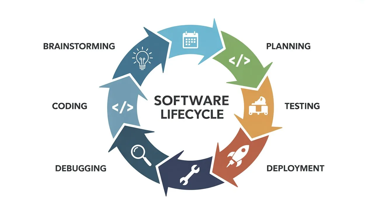 Software development lifecycle showing brainstorming, planning, coding, debugging, testing, and deployment stages in a circular flow diagram.