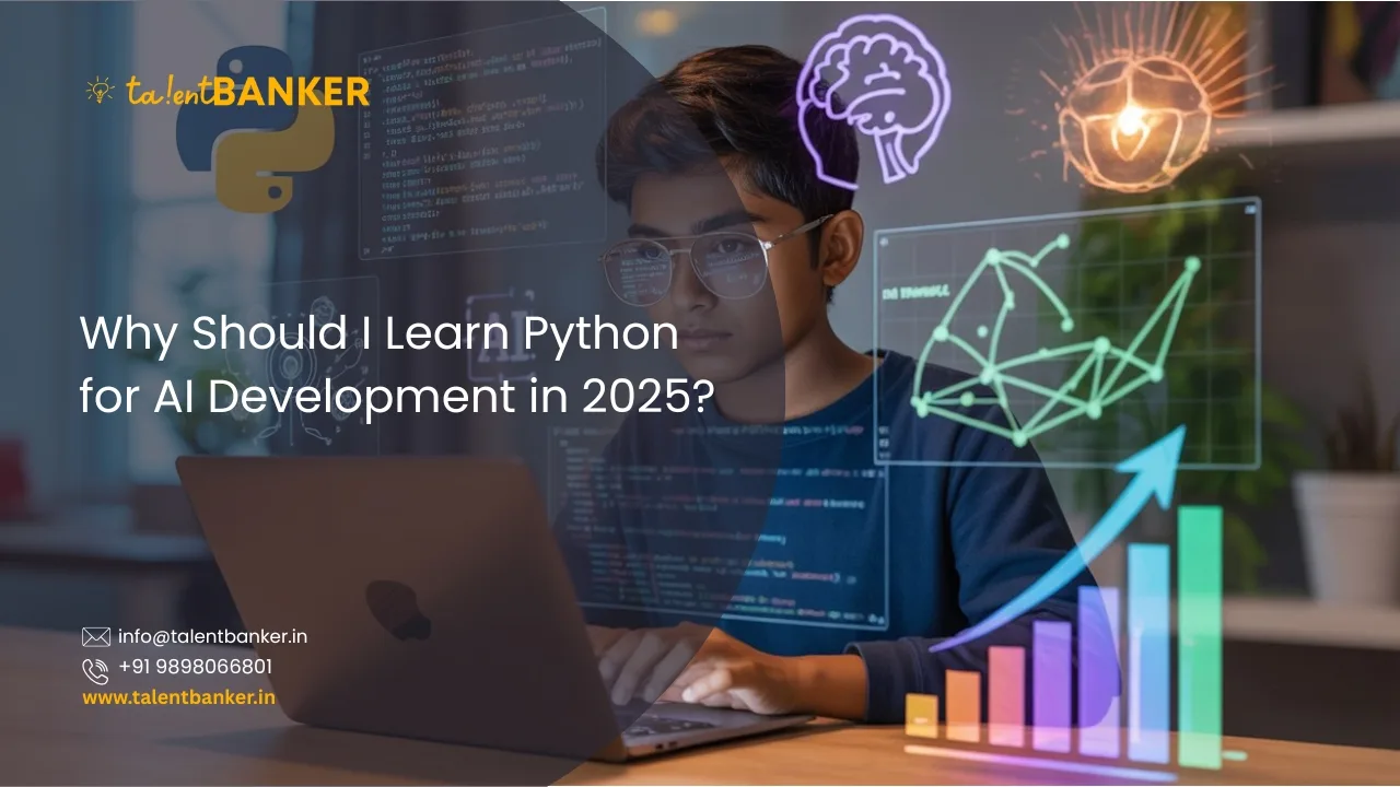 Young student learning Python for AI development with programming visualization and career growth at TalentBanker