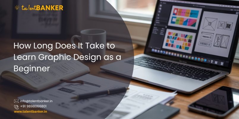 Beginner learning graphic design on a laptop, showing design layouts and sketches in a creative workspace