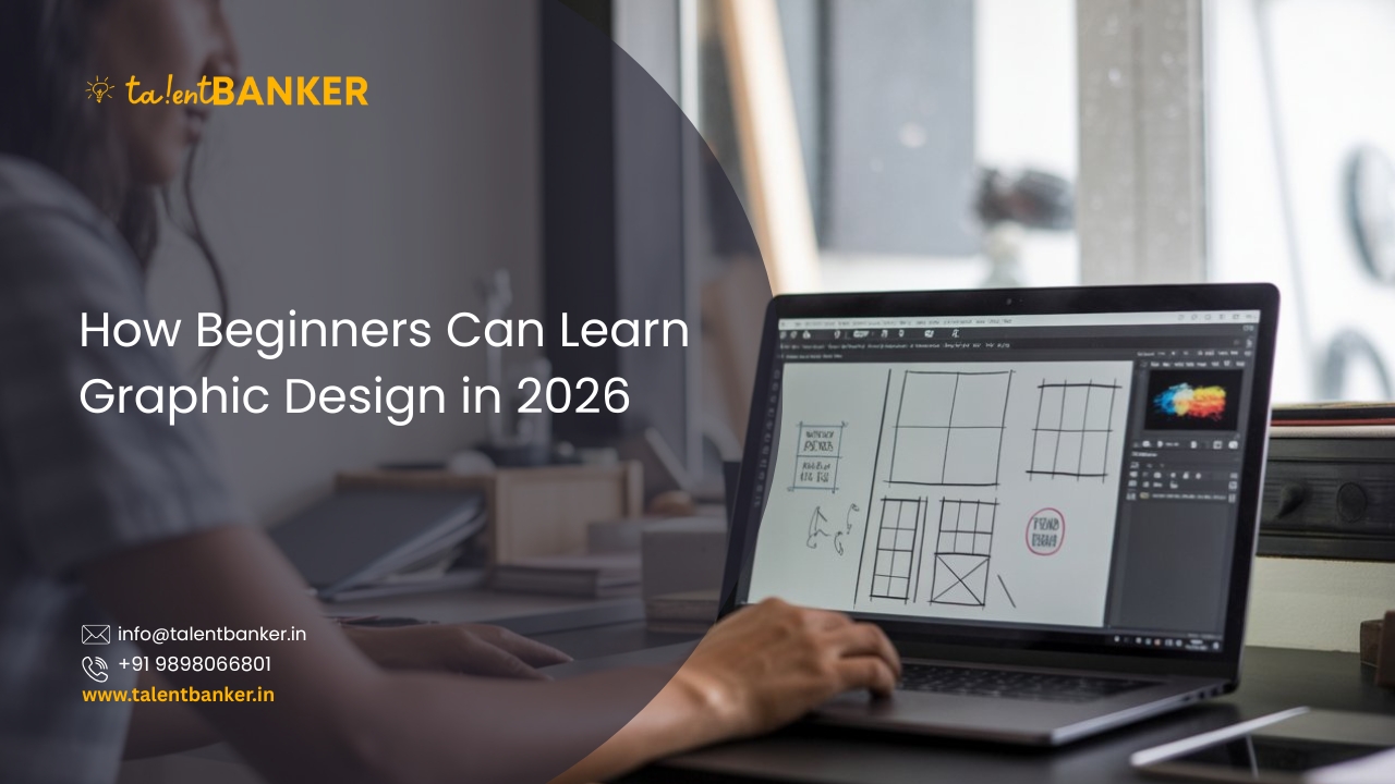 Beginner learning graphic design on a laptop in a modern workspace, understanding layouts and design basics for 2026