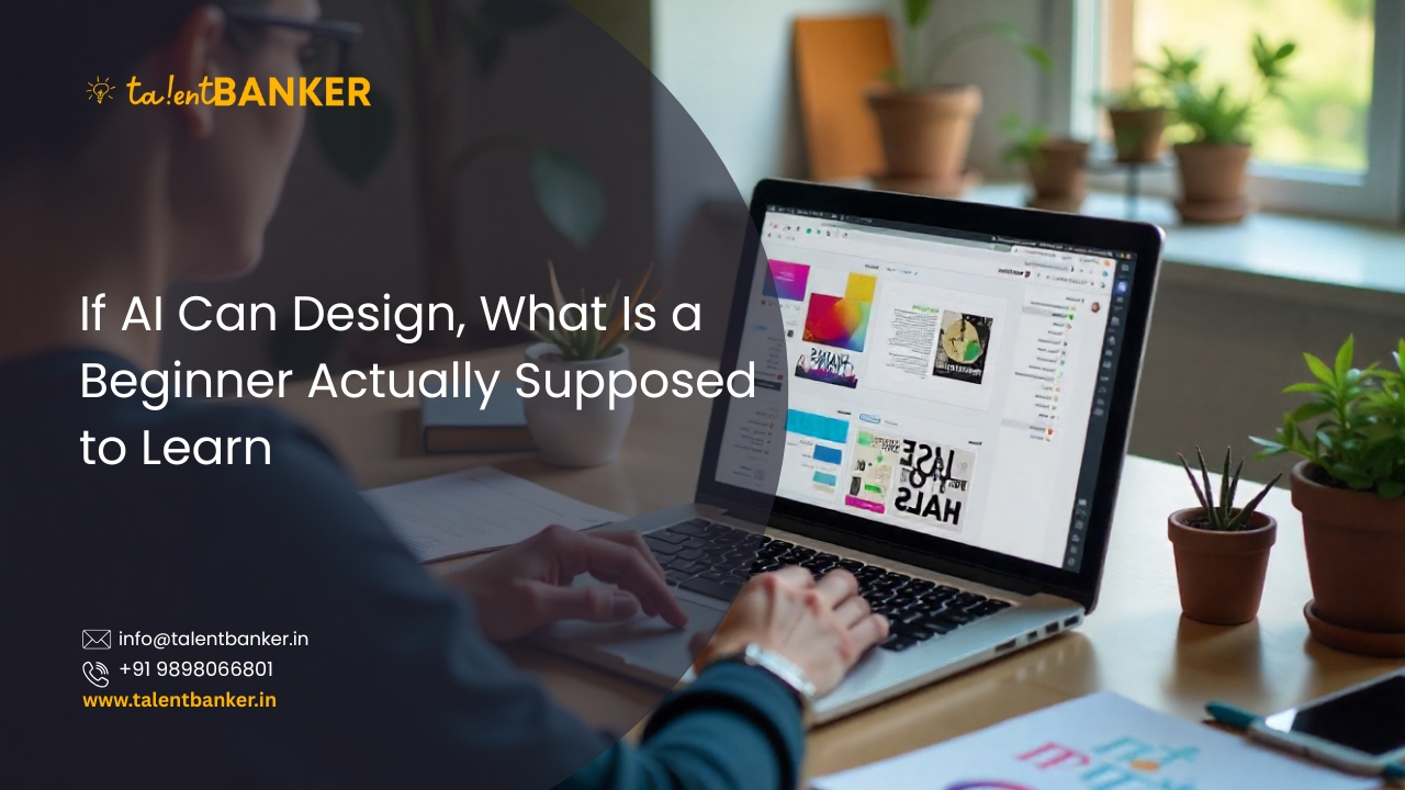 Beginner learning graphic design on a laptop, exploring layouts and visual concepts in the age of AI