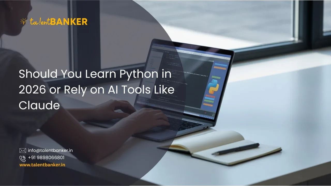 Student learning Python programming on laptop with code editor open in a modern workspace