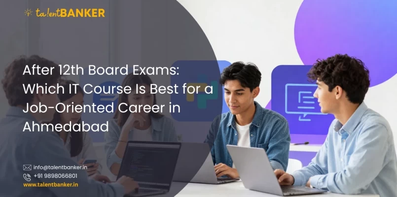 Students exploring the best IT courses after 12th board exams in Ahmedabad using laptop and technology tools.