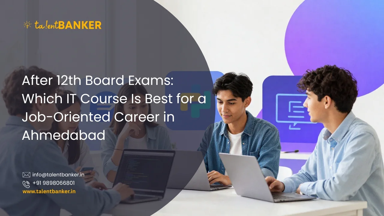 Students exploring the best IT courses after 12th board exams in Ahmedabad using laptop and technology tools.