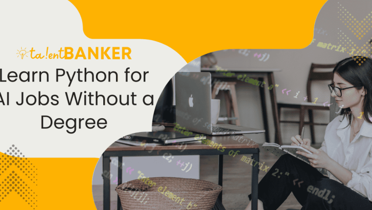 A young woman learning Python for AI careers without a degree, studying with a notebook and laptop at home, surrounded by code overlays, modern workspace design, promoting TalentBanker IT skills platform.