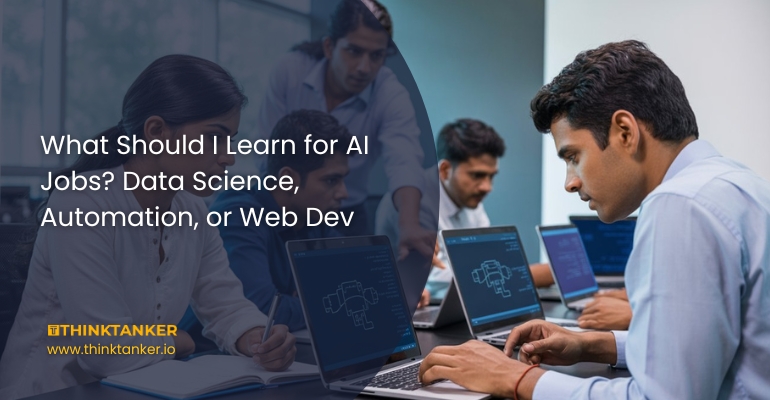 Indian students learning programming and AI concepts in a classroom while exploring career options in data science, automation, and web development