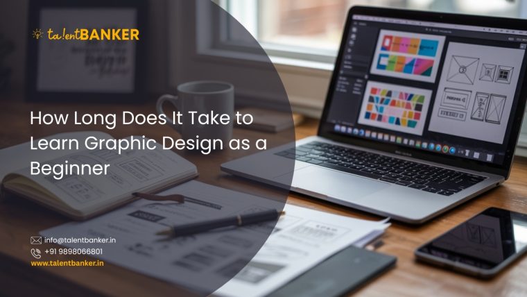Beginner learning graphic design on a laptop, showing design layouts and sketches in a creative workspace