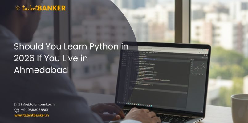 Student learning Python programming on a laptop in Ahmedabad, exploring Python skills and career opportunities in 2026