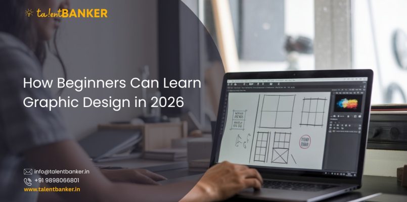 Beginner learning graphic design on a laptop in a modern workspace, understanding layouts and design basics for 2026