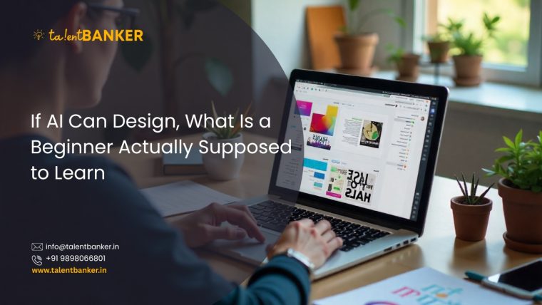 Beginner learning graphic design on a laptop, exploring layouts and visual concepts in the age of AI