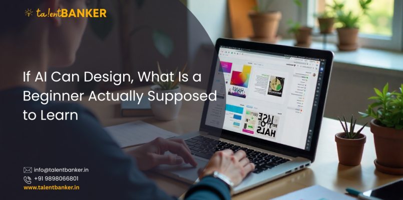 Beginner learning graphic design on a laptop, exploring layouts and visual concepts in the age of AI